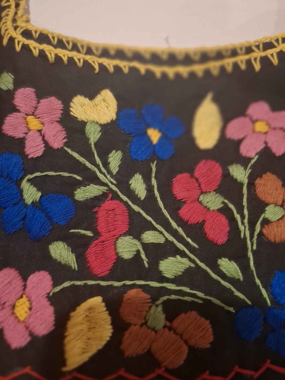 Black Embroidered Boho Peasant Blouse with Colorful Floral Birds - Picture 2 of 11